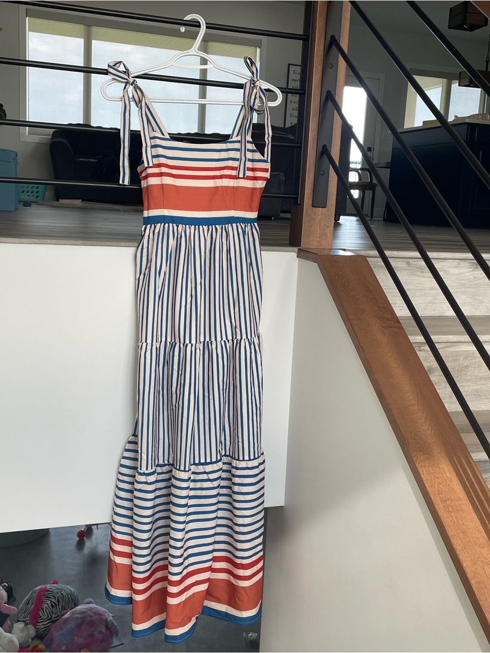 Women's Blue and Cream Striped Maxi Dress with Tie Straps - Picture 6 of 8